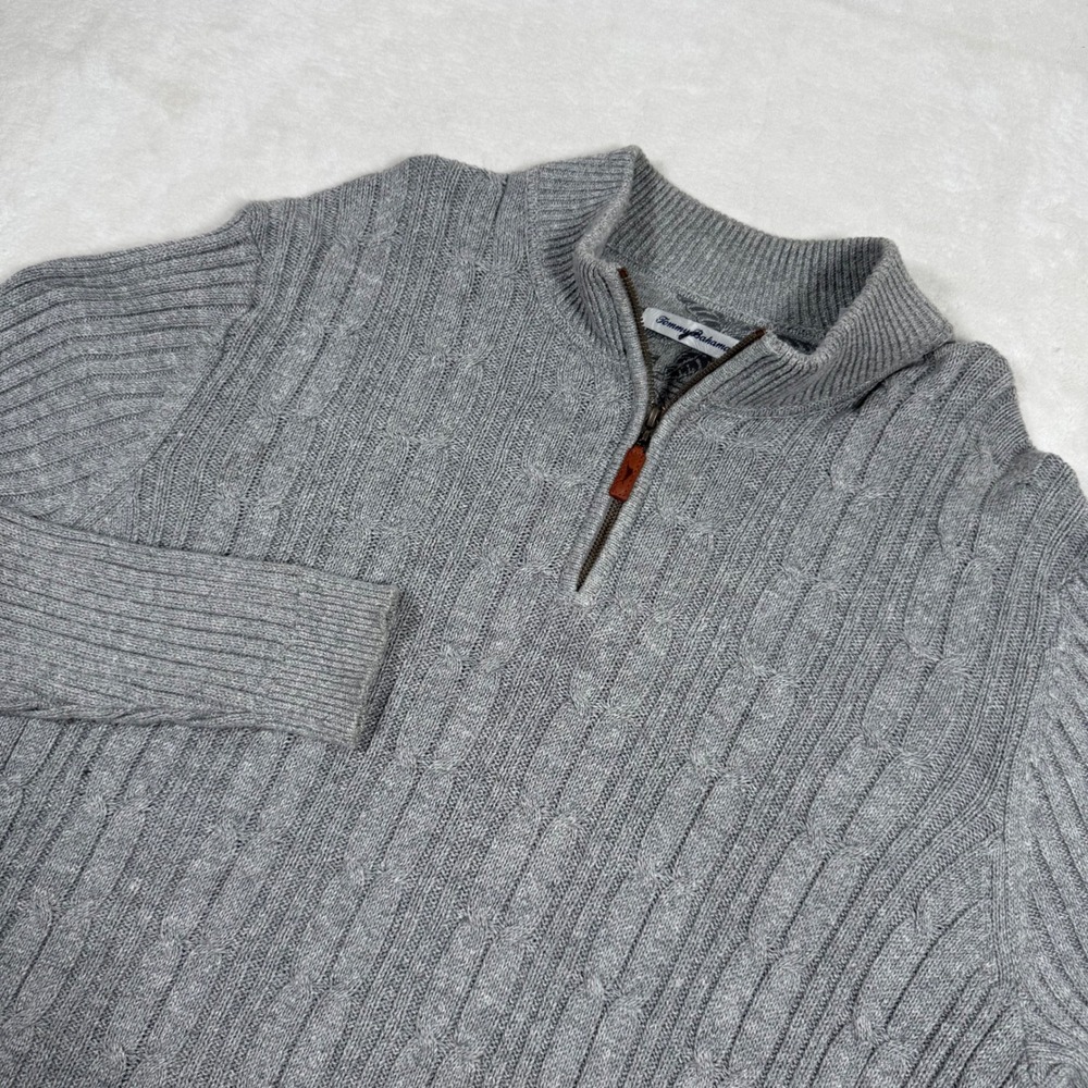 Tommy Bahama‎ Mens XL Gray Cable Knit Quarter Zip Sweater Cotton Blend T419340